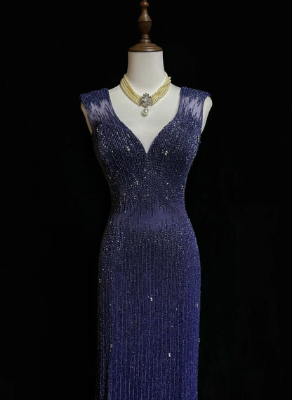 Vintage Meerjungfrauen-Abschlussballkleider V-Ausschnitt Königsblau 90er mit rückenfreier Perlenstickerei Langes formelles Partykleid N2505
