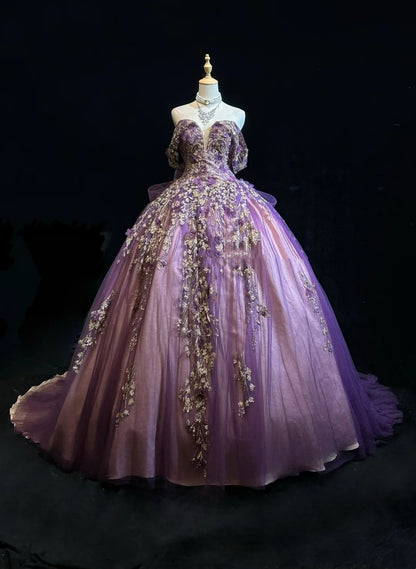 Robe de bal bustier en tulle violet avec appliques Robes de soirée Quinceañera Tenues formelles RB3938