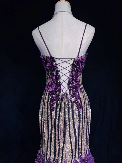 Glitzer-Abschlussballkleider Meerjungfrau Spaghetti-Träger Lila Chiffon Mit Blumen Langes Formelles Abendkleid N3893
