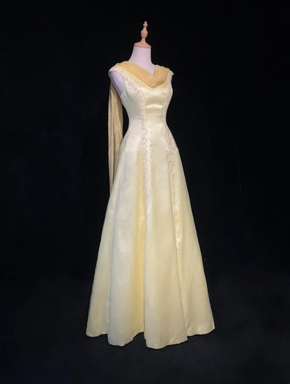 Vintage Ballkleider 1950er Jahre Retro Elegant A-Linie U-Boot-Ausschnitt Gelb Satin Abendkleider Mit Schal N3011