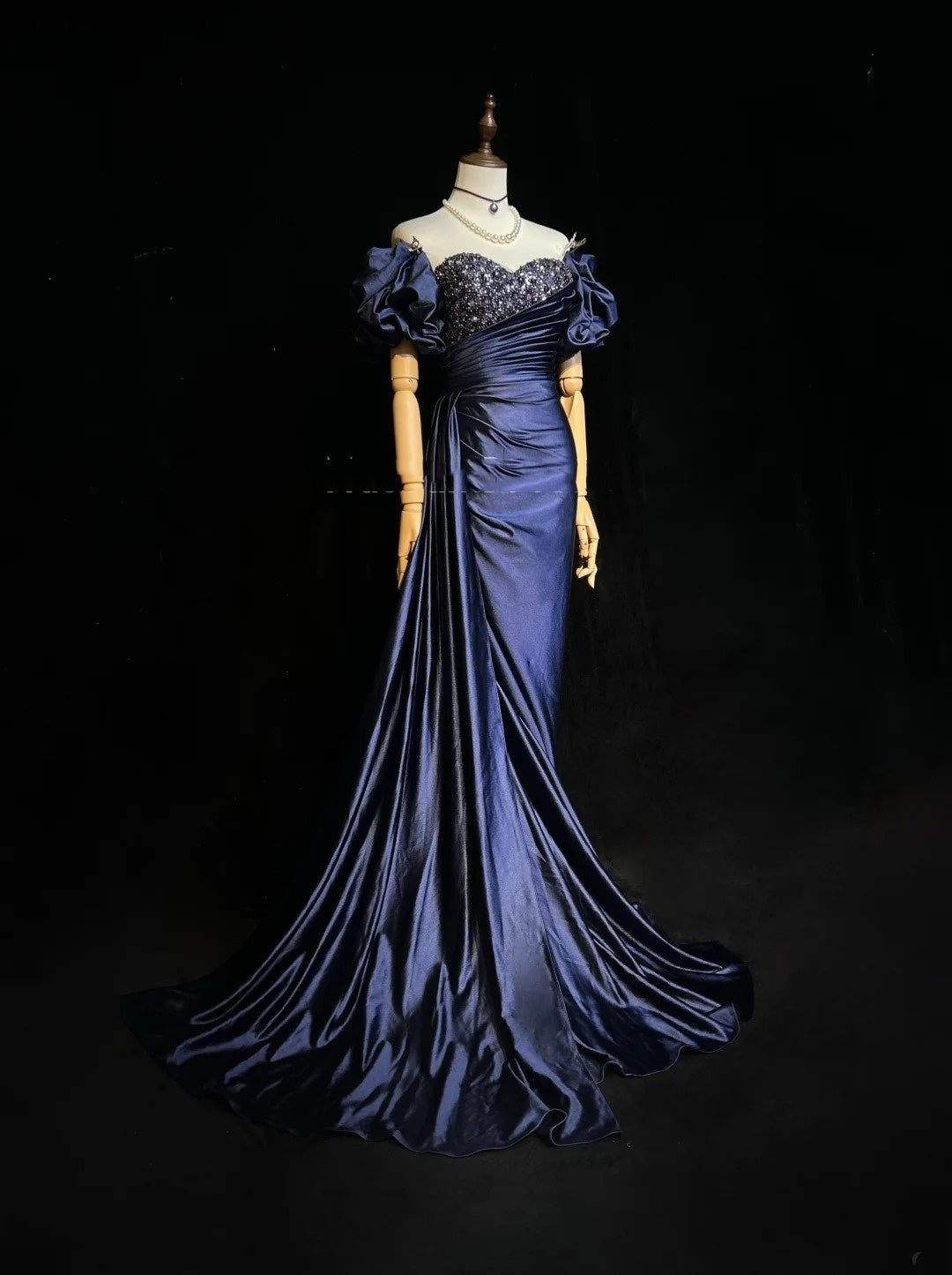 Vintage Prom Dresses Mermaid Sweetheart Navy Blue Satin With Beaded Sleeves 90s Long Formal Evening Gown N2657