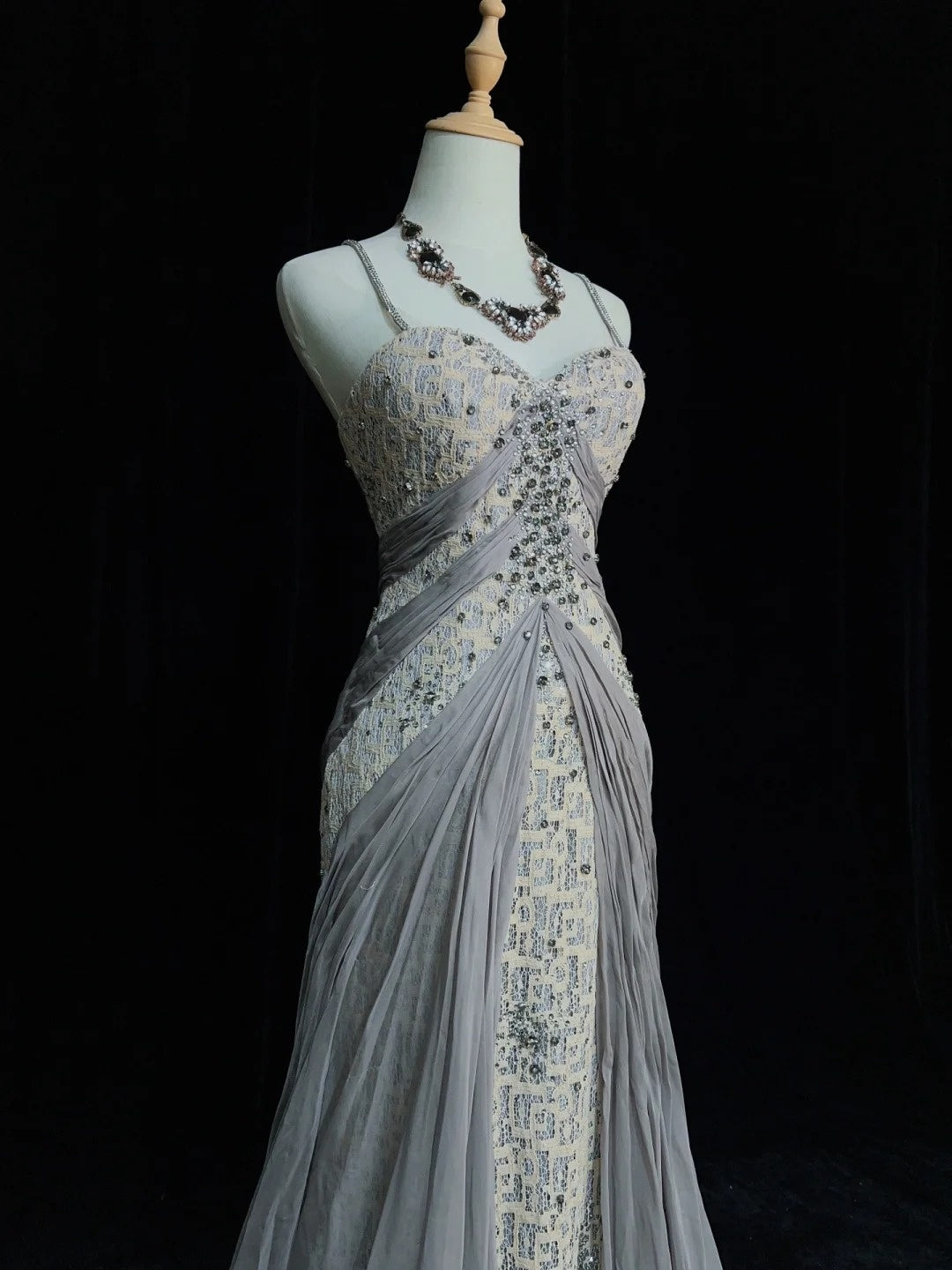 Inspiration Robes de bal vintage Sirène Bretelles fines Dentelle grise Années 90 Robes de soirée formelles pailletées en dentelle N3348