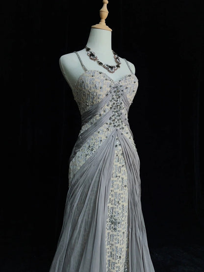 Inspiration Robes de bal vintage Sirène Bretelles fines Dentelle grise Années 90 Robes de soirée formelles pailletées en dentelle N3348