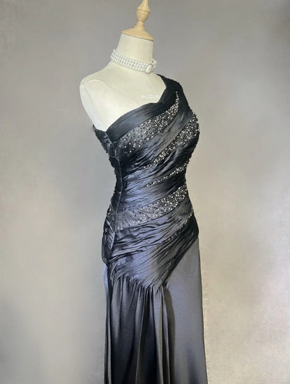 Robes de bal élégantes sirène asymétrique en satin noir cravate robe de soirée formelle longue perlée N3704