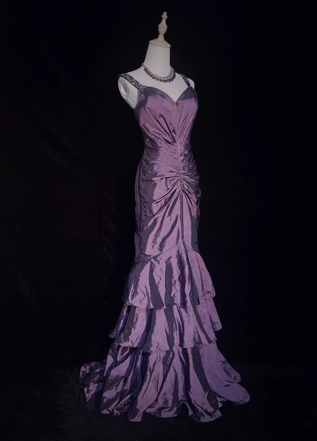 Robes de bal vintage des années 90 sirène bustier cœur en taffetas violet avec perles et volants longue robe de soirée semi-formelle N3670