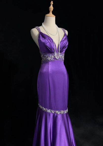 Vintage Meerjungfrau-Abschlussballkleid Spaghettiträger 80er Satin mit Perlen Stickerei rückenfrei langes Ballkleid N2515