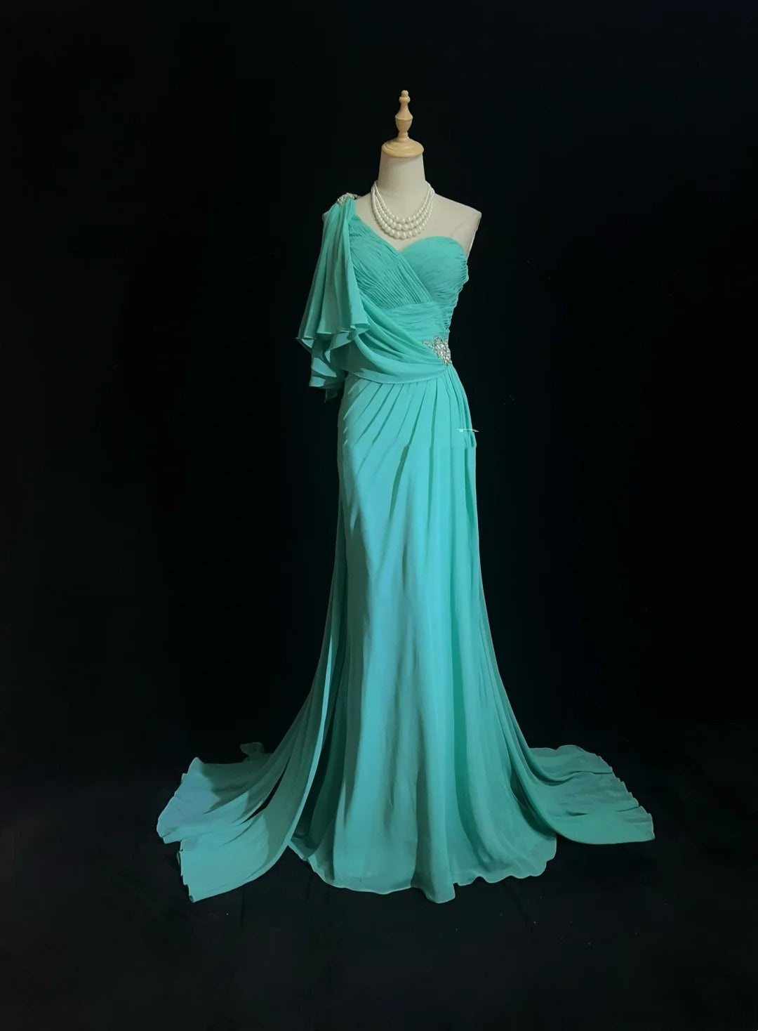 Vintage Abschlussballkleider Meerjungfrau One Shoulder Blau Chiffon 80er Lang Festliches Kleid N2758