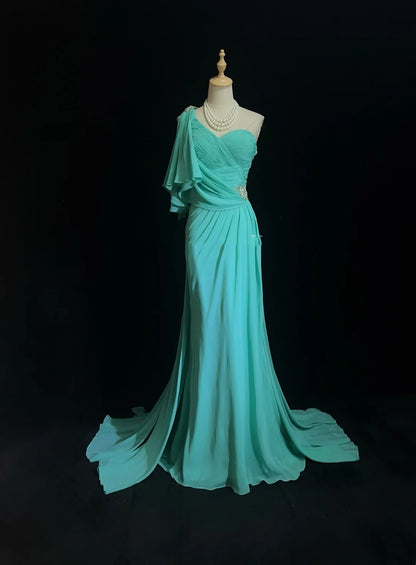 Vintage Abschlussballkleider Meerjungfrau One Shoulder Blau Chiffon 80er Lang Festliches Kleid N2758
