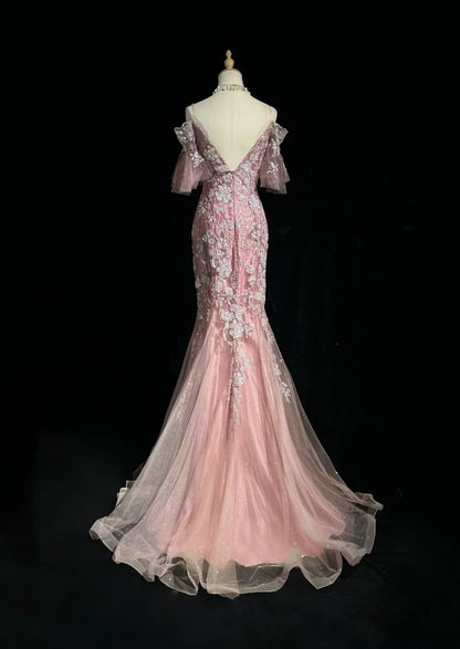 Robes de bal sirène modestes, bretelles spaghetti, dentelle rose, manches courtes, longues tenues de soirée formelles N3627