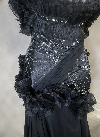 Robes de bal vintage Sirène Bustier Robe de soirée noire en mousseline de soie avec perles Robe de soirée longue années 1980 N2621