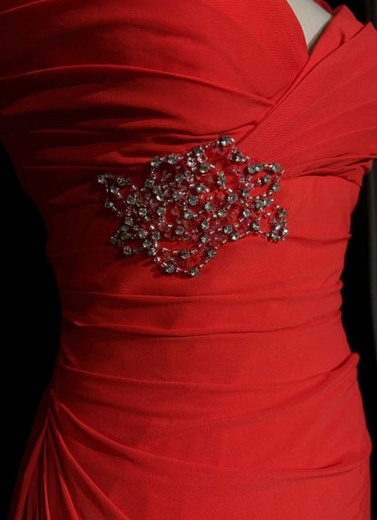Vintage Abschlussballkleider A-Linie Spaghettiträger Rot Midilänge Chiffon 1990er Formelles Abendkleid N2665
