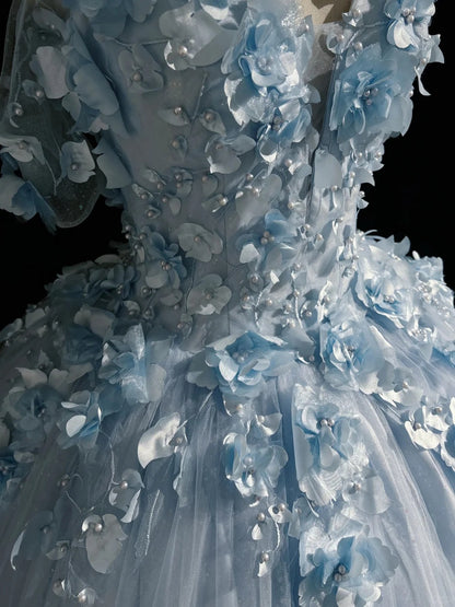 Magnifique robe de bal de promo en tulle bleu, style princesse, avec des appliqués, décolleté épaules dénudées, longue robe de soirée N2926