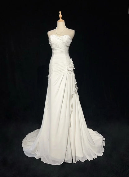 Vintage 90s Wedding Dresses Mermaid Sweetheart Chiffon White Beading Summer Garden Long Bridal Gown N3827