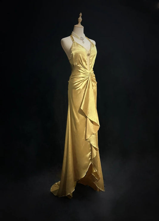 Vintage High Low 2000er A-Linie Neckholder Gold Mit Falten Formales Kleid Lange Ballkleider N2585