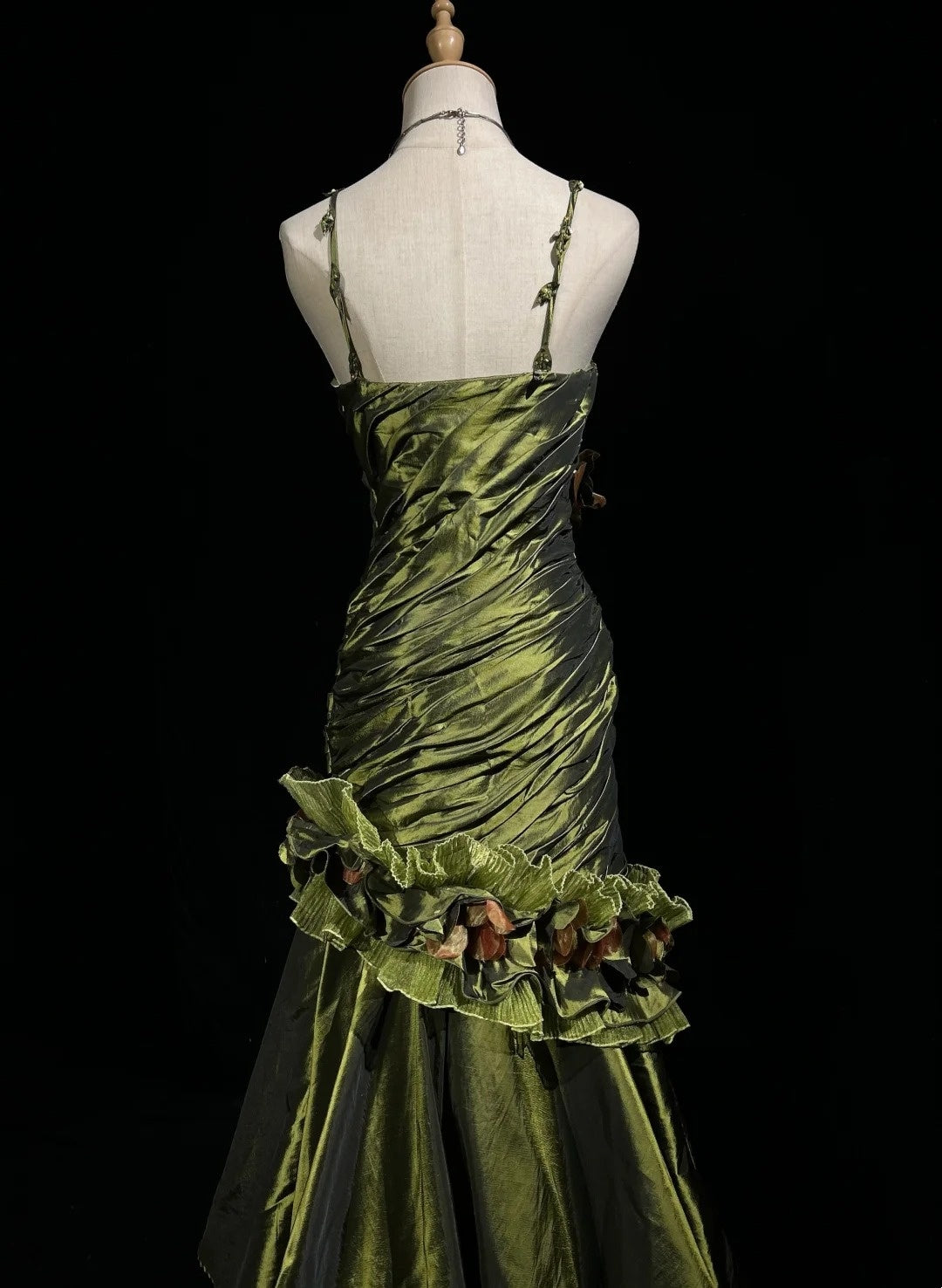 Robes de bal vintage sirène en satin vert olive avec perles robe de soirée longue années 90 N2591