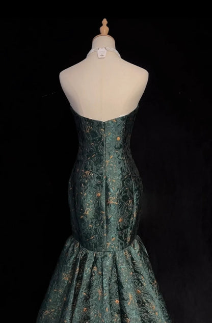 Robes de bal élégantes sirène bustier vert foncé longueur ras du sol dentelle satin robe de soirée N3707