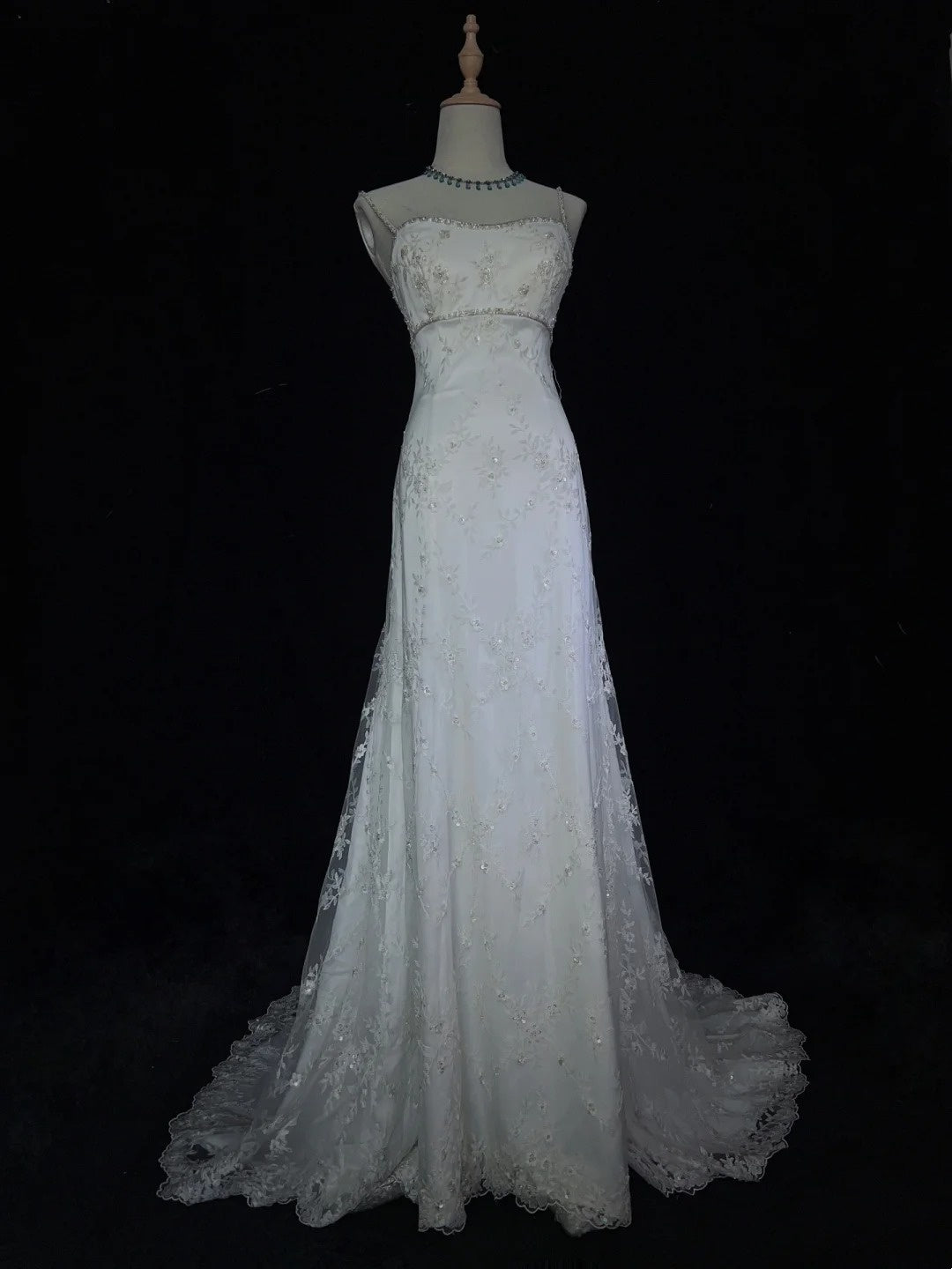 Vintage Brautkleider Inspo Meerjungfrau Spaghettiträger Weiß Lang 1980er Mit Spitze Brautkleider N3367