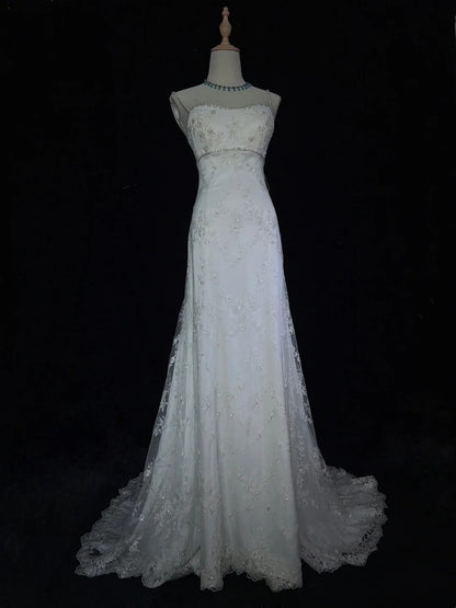Vintage Brautkleider Inspo Meerjungfrau Spaghettiträger Weiß Lang 1980er Mit Spitze Brautkleider N3367