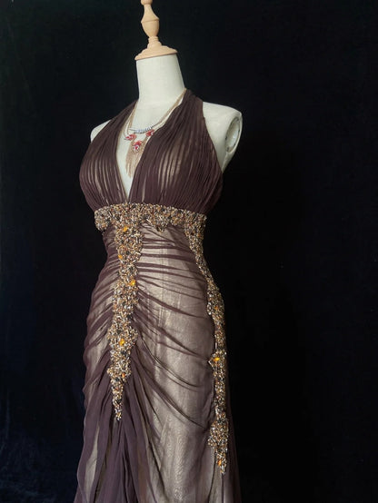 Vintage Ballkleider Inspo Meerjungfrau V-Ausschnitt Braun Satin Lang 1990er Mit Perlen Festliche Kleider N3352