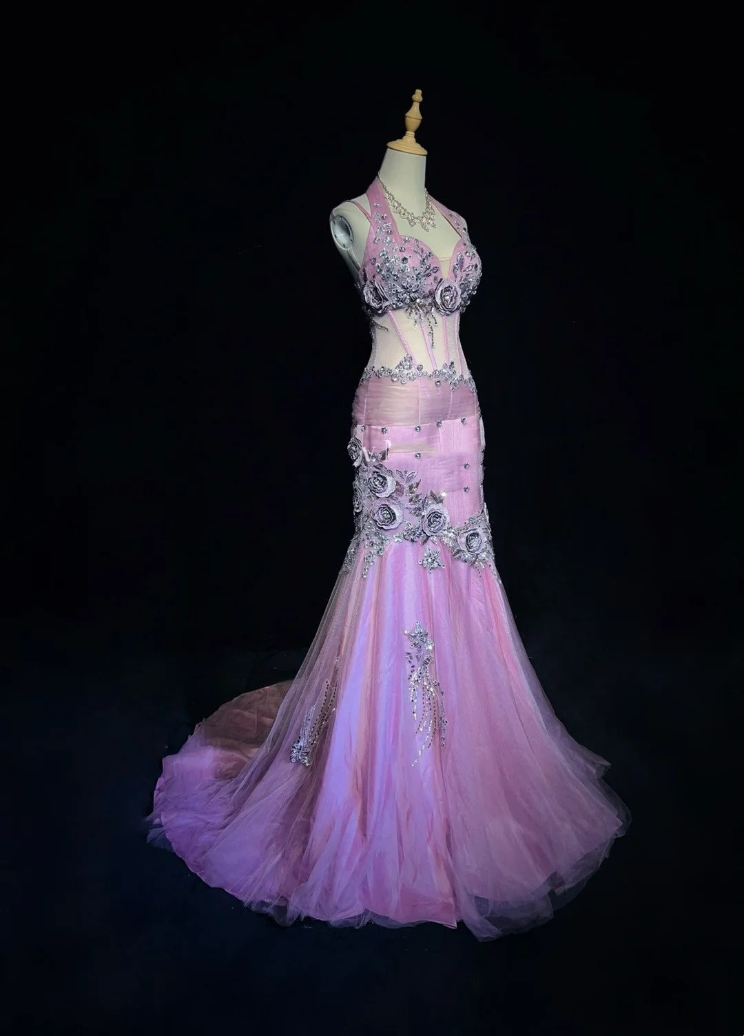 Modest Prom Dresses Mermaid Halter Lilac Tulle With Beading Lace Long Formal Evening Dress N3882