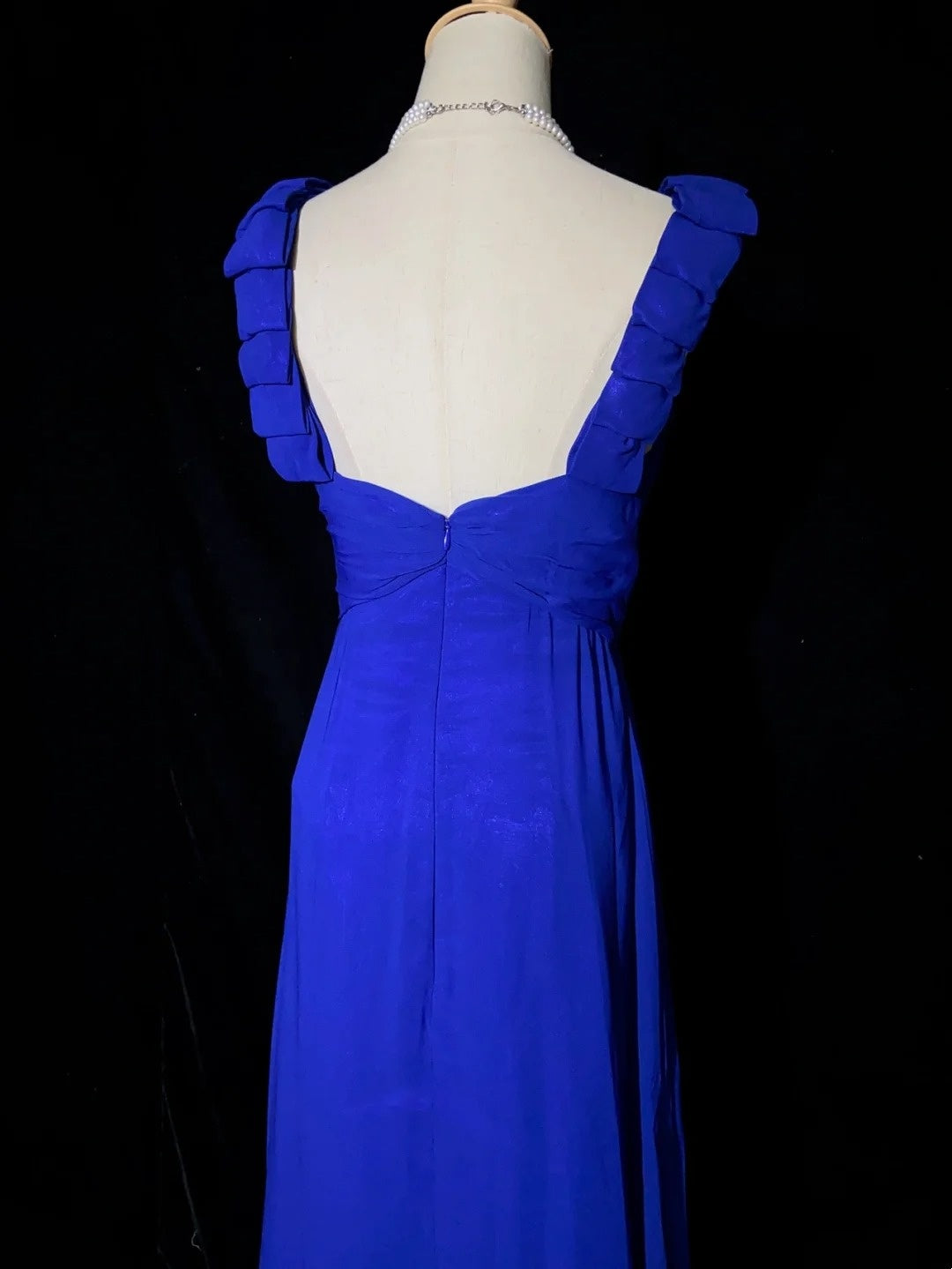Robes de bal vintage A-Line Col en V Bleu roi Mousseline Longue Années 1990 Avec perles Robes de soirée N3352