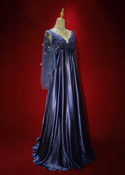 Vintage Ballkleider Inspo A-Linie Empire V-Ausschnitt Marineblau Satin 90er Mit Ärmeln Abendkleider N3314