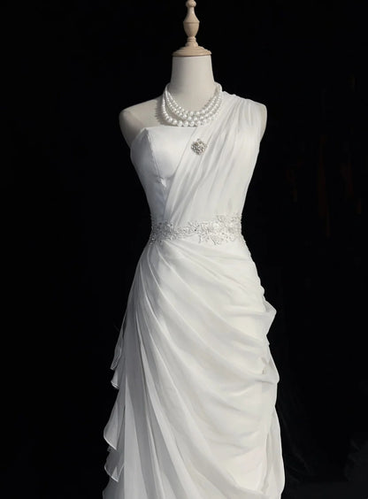 Unique Wedding Dresses Sheath One Shoulder Chiffon White Long Bridal Gown N3105