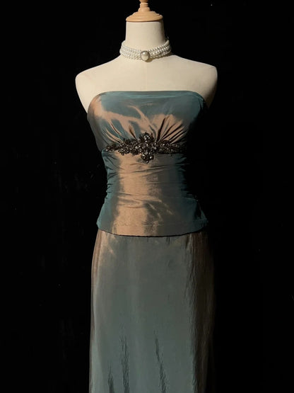 Vintage Abschlussballkleider A-Linie Trägerlos Ärmellos 1990er Jahre Langes Formelles Abendkleid N2633