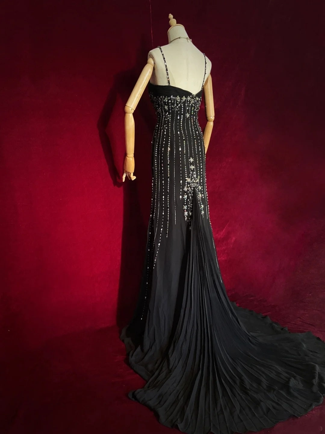 Vintage Abschlussballkleider 90er Meerjungfrau Spaghetti-Träger Schwarz Tie Mit Silberperlen Lang Semi-Formal Abendkleid N3666
