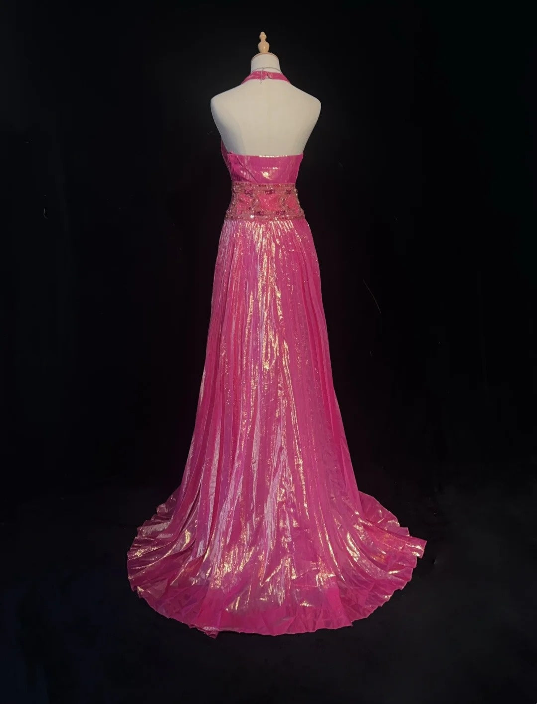 Vintage 90s Prom Dresses A Line Halter Hot Pink With Beading Crystals Long Prom Gown N3062