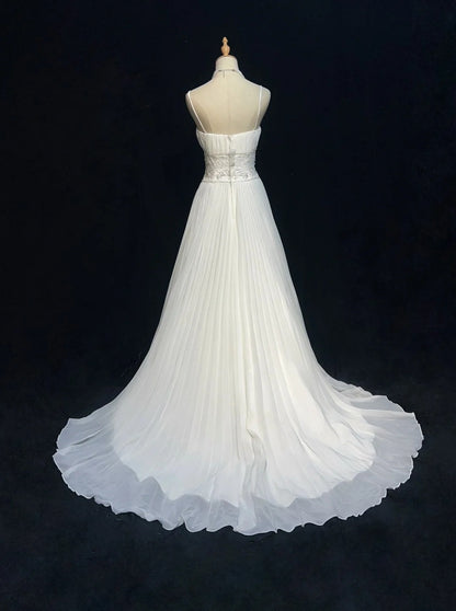 Vintage 90s Wedding Dresses A Line Spaghetti Strap Chiffon White Pleated Summer Garden Long Bridal Gown N3830