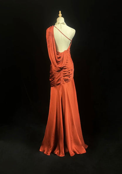 Vintage Prom Dresses Mermaid One Shoulder Dusty Orange Satin With Beading Long Formal Dress N2452