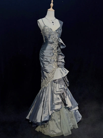 Robes de bal vintage sirène à bretelles en satin gris et dentelle avec volants, longues tenues de soirée N3442