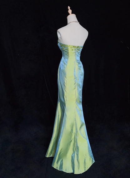 Vintage Prom Dresses Inspo Mermaid Strapless Sage Green Satin 90s With Beading For Women Formal Gowns N3330