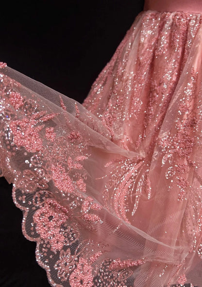 Jolie Robe de Bal Courte à Bretelles Fines Paillettes Roses avec Fleurs 3D en Tulle pour Retour à la Maison N2527