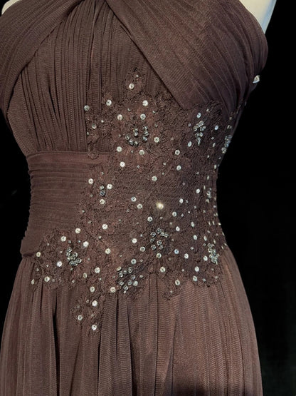 Vintage Prom Dresses Inspo A Line Halter Chocolate Chiffon Long 1990s With Beading Formal Gowns N3339