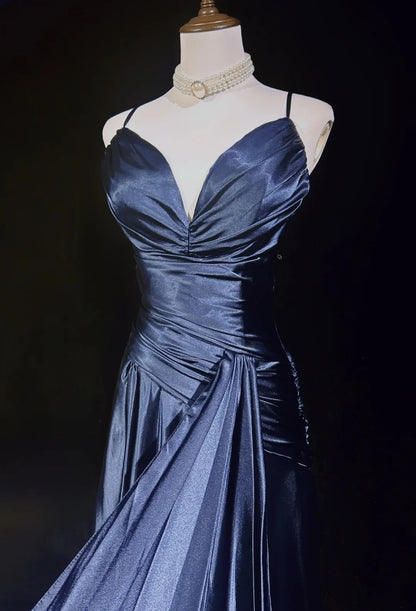 Vintage Prom Dresses A-Linie Spaghetti-Träger Navy Blue Satin 1990er Formelles Abendkleid N2661