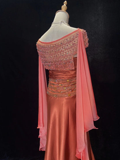 Elegante Ballkleider Meerjungfrau Trägerlos Chiffon Rüschen Perlen Jacke Bodenlang Formelle Abendgarderobe N3489
