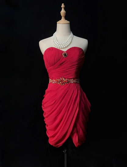 Süßes Etui-Kleid, herzförmiger Ausschnitt, Rot, Chiffon, kurz, Mini, 18. Geburtstagskleid, Heimkehrkleider N3681