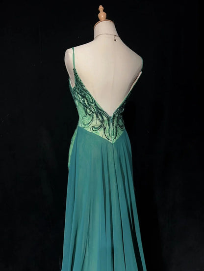 Vintage Ballkleider Meerjungfrau Spaghettiträger Grün Perlen 90er Lang Formelles Abendkleid N2649