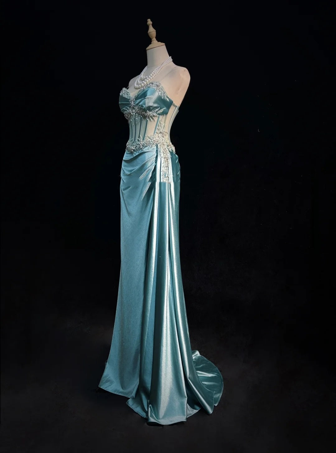Elegante Abschlussballkleider Inspiration Meerjungfrau Spaghettiträger Blau Satin Mit Rüschen und Perlen Für Damen Abendkleid N3228