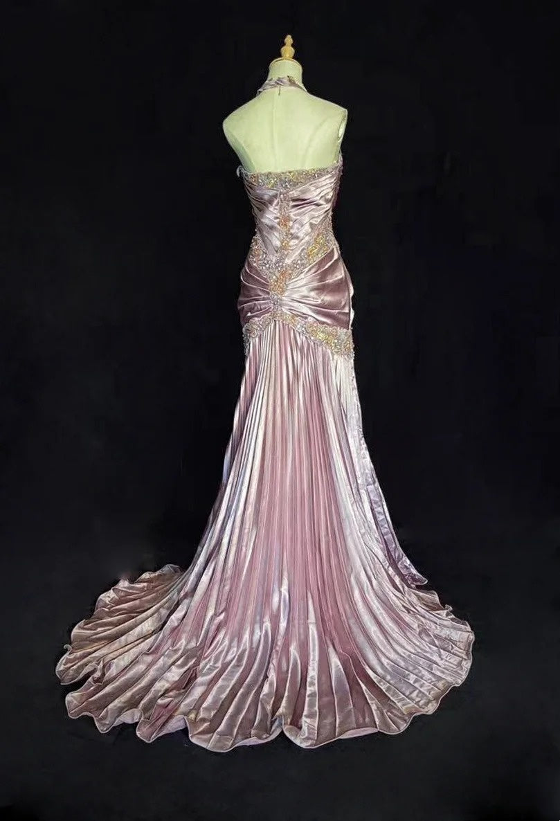 Vintage Abschlussballkleider 80er Meerjungfrau Neckholder Rosa Satin mit Rüschen Lange Abendoutfits N3452