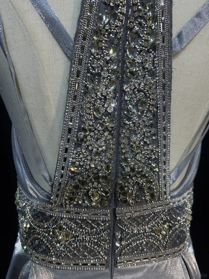 Robes de bal modestes trapèze à fines bretelles en satin gris, longues tenues de soirée formelles N3617