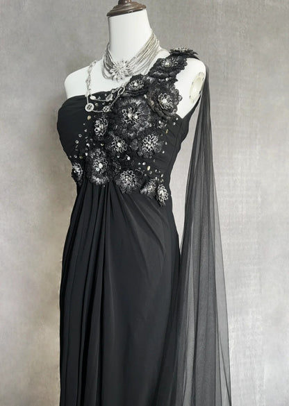 Charming Prom Dresses Mermaid One Shoulder Black Tie Dress With Beaded Long Formal Evening Outfits N3699