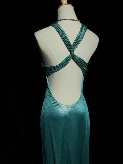 Wunderschöne Abschlussballkleider, A-Linie, Neckholder, Blau, rückenfrei, Satin mit Rüschenoberteil, lange Abendkleider N3373