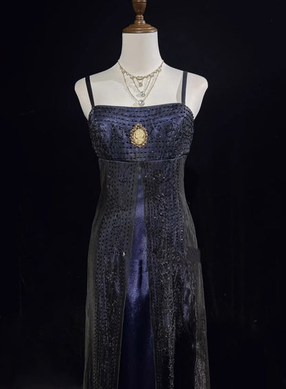 Robes de bal vintage en tulle bleu marine coupe trapèze avec bretelles spaghetti style années 80, ornées de perles, longues tenues de soirée formelles N3871