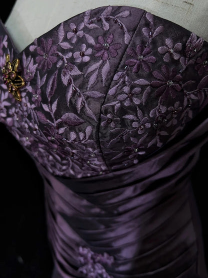 Robes de bal vintage pour le bal, bustier, taffetas violet années 80 avec dentelle, longues tenues de soirée formelles N3892
