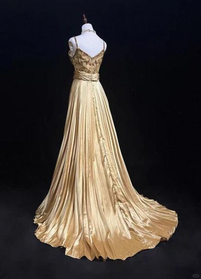 Vintage Abschlussballkleider 1950er A-Linie Spaghettiträger Goldsatin mit Perlen Ärmellose Abendgarderobe RB4335