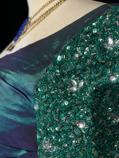 Bescheidene Ballkleider Meerjungfrau Ein Schulter Blau Satin Mit Perlen Lang Abendmode N3467