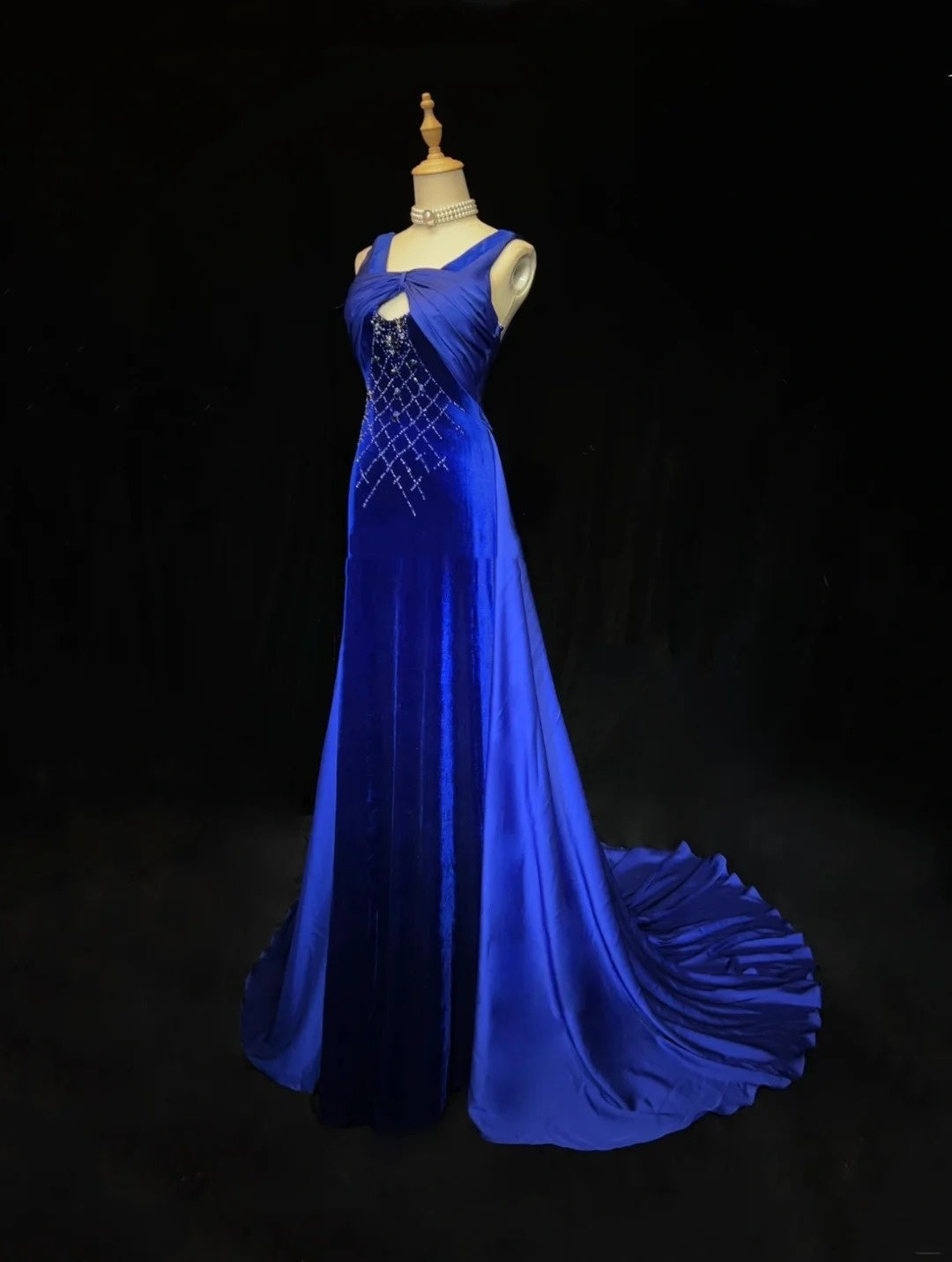 Vintage Ballkleider Meerjungfrau Königlich Blau Samt Ärmellos Mit Perlen 90er Lang Formelles Kleid N2902